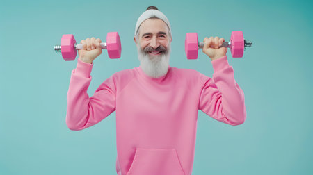 A senior Caucasian man doing exercise with dumbbellの素材