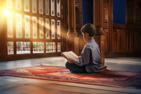 Religious Muslim little boy reading Koran Bible book in the mosqueの素材