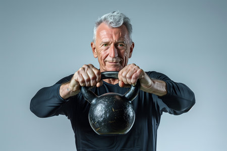 A senior Caucasian man doing exercise with kettlebellの素材