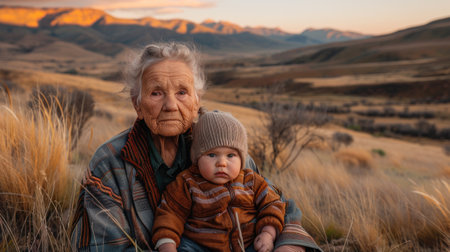 Portrait of grandmother and her grandchild at countrysideの素材