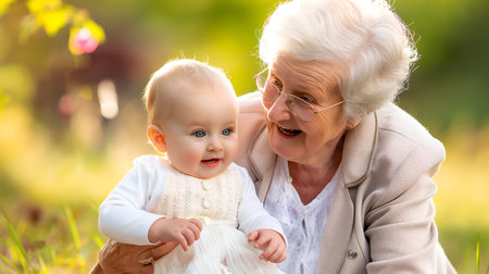 Grandmother and her grandchild at beautiful sunsetの素材
