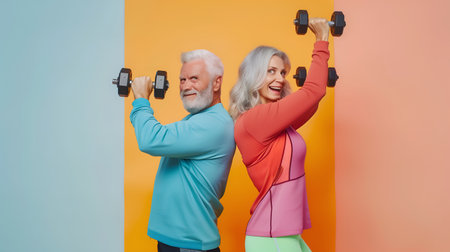A senior Caucasian man and woman doing exercise with dumbbellsの素材