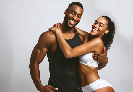 Portrait of happy, healthy and strong African man and woman showing biceps muscles.の素材