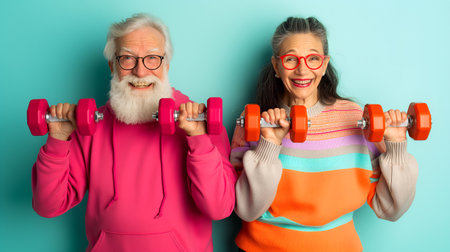 A senior Caucasian man and woman doing exercise with dumbbellsの素材
