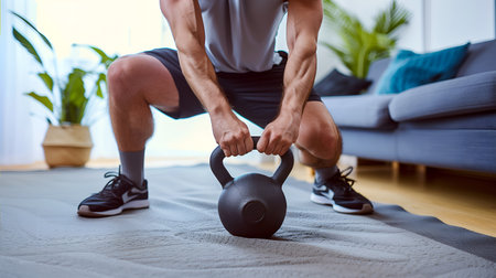 A Caucasian man doing exercise with kettlebell in the living roomの素材