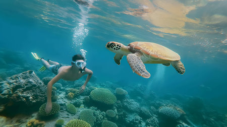 Underwater photo of young man snorkeling and swimming with Hawksbill sea turtleの素材