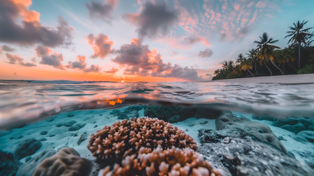 A Dual World of Sea and Underwater Splendor. The sunset above and the vibrant life of the coral reef belowの素材