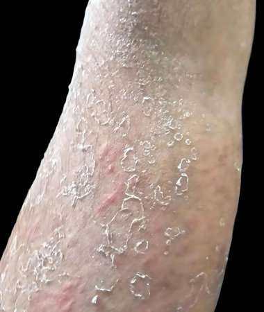 Closeup of an arm with scaly, dry skin showing signs of flaking and redness.
