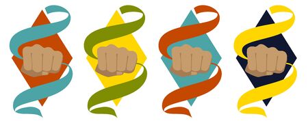 Hand with tape on rhombus isolated set. Vector illustration of motivation, productivity. Tape of yellow, red, blue and green colors. Copy spaceのイラスト素材