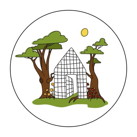 Vector nature flat illustration. Cartoon green trees, sun, bright flowers. The concept of a house as a prison without nature. For cards, covers, prints, embroidery, emblem, tourism, park.のイラスト素材