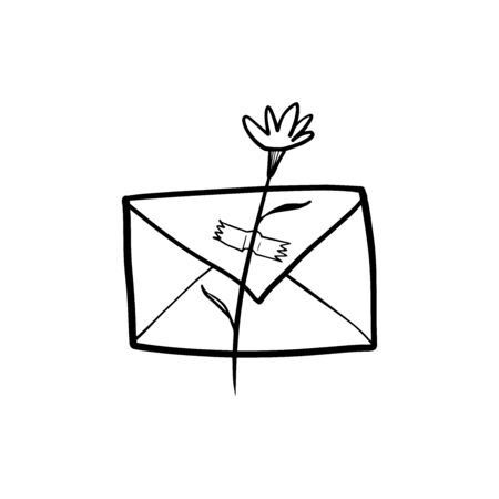 Isolate closed letter. The envelope with the flower is glued with tape. Cartoon black vector on a white background. Hand made sketch of an envelope for t-shirts, cards, invitations, emblems, icon.のイラスト素材