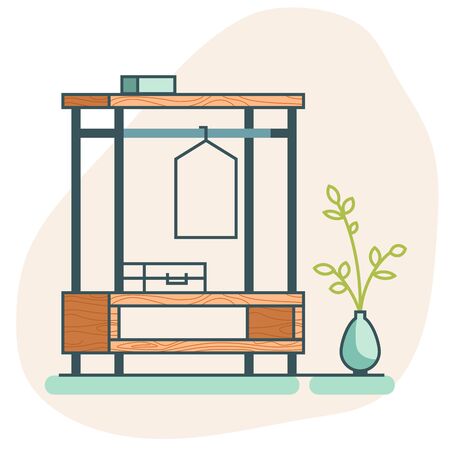 Flat icon isolated. Wooden loft wardrobe icon with a suitcase and a hanger. Flat vector closet icon. Vector illustration for a furniture store, website, article, postcard, cover, catalog.のイラスト素材