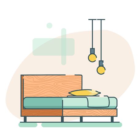 Furniture icon in loft style. Wooden loft bed with a plaid and pillow. Flat bed icon. Vector illustration for a furniture store, website, article, postcard, cover, catalog.のイラスト素材