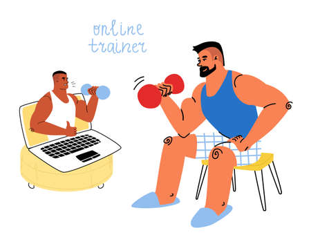Cartoon fit man in home clothes is training online with a personal trainer using a laptop computer.のイラスト素材