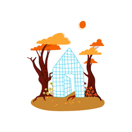Cartoon autumn trees, flowers, fallen leaves on the lawn. Going out into nature, relaxing outside. Autumn forest in yellow, orange colors isolated on a white background. Vector stock illustration.のイラスト素材