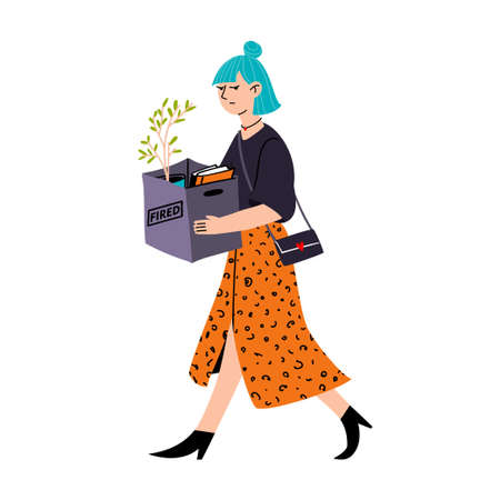 Cartoon young girl with blue hair in a leopard print skirt in black boots carries a box with a flower pot and books. Dismissal of a person during the global crisis. Sad woman leaves the workplace.のイラスト素材