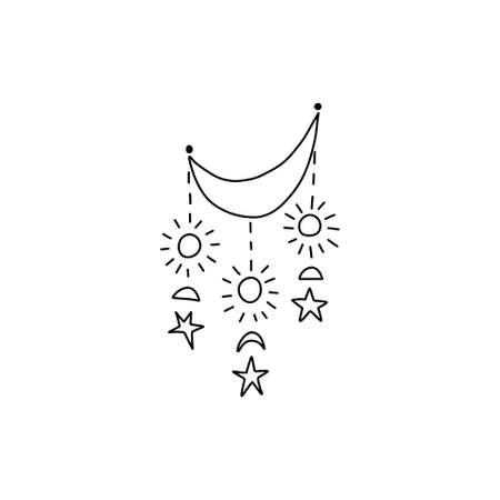 Dreamcatcher concept. The moon is decorated with various celestial elements. Stars descend from the moon in garlands. Vector stock illustration isolated on white background.のイラスト素材