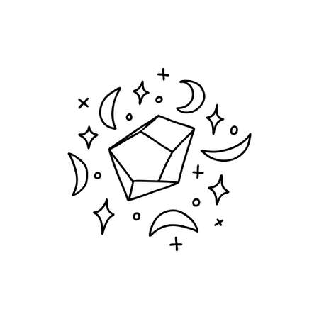 Hand drawn crystal surrounded by celestial bodies. Doodle semi-precious stone, stars, magic isolated. Vector stock illustration.のイラスト素材