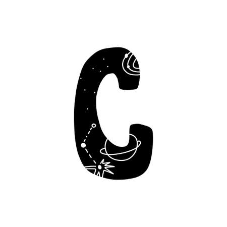 Hand drawn letter C. Black alphabet letter inside which there are stars, planets, galaxies, constellations. Vector stock illustration isolated. Heavenly concept.のイラスト素材
