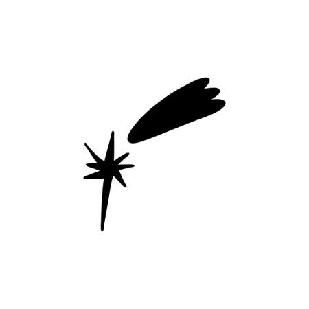 Black silhouette of a shooting star short shining tail. Close-up bright star flies in the sky. Vector stock isolated illustration. Celestial concept.のイラスト素材