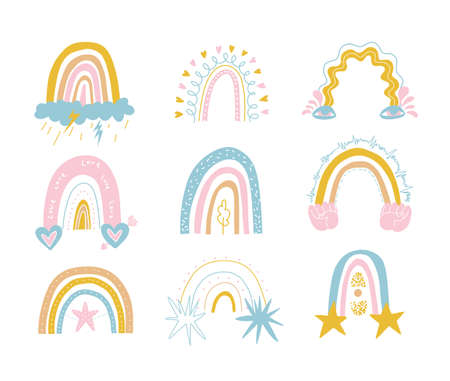 Cute colorful set of rainbows in gentle tones of blue, yellow and pink colors. Rainbows with hearts, stars, rain, hands, eyes and clouds. Vector stock illustration isolated on white background.のイラスト素材