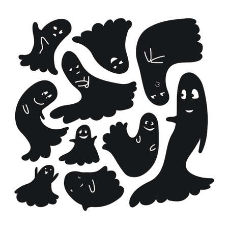 Ghosts silhouette set. Black on white funny ghosts with emotions. A collection of cute ghostly...