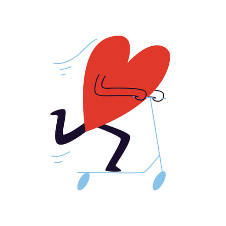 A big red heart is racing on a blue scooter. A hand-drawn doodle heart-shaped character rides a kick scooter at speed and kicks off. Vector stock illustration in cartoon style on a white background.のイラスト素材