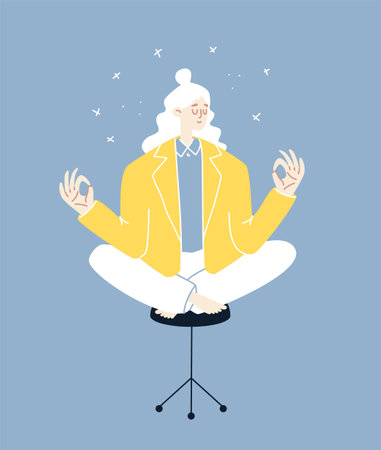 A young woman meditates on an office chair. A blonde in a yellow jacket sits in a lotus position on a blue background. Vector stock illustration of relaxation while working in cartoon style.のイラスト素材