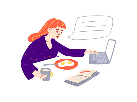 The girl at breakfast is chatting online. Young redhead woman in purple pajamas eating scrambled eggs at the laptop. Remote work concept. Vector stock illustration isolated in cartoon style.のイラスト素材
