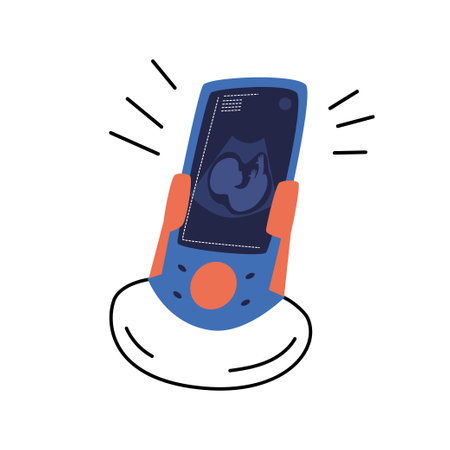 Portable ultrasound device. Medical appliance for self-diagnosis of a pregnant woman at home. Vector stock illustration of handheld ultrasound system on white background.のイラスト素材