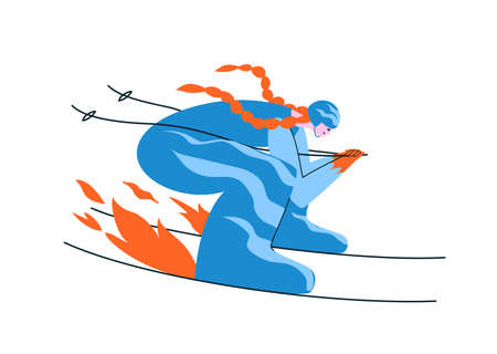 Hand-drawn redhead girl skier in a blue suit. A young woman skis in an aerodynamic pose at full speed that the fire under the skis lights up. Vector stock illustration in cartoon style on white.のイラスト素材