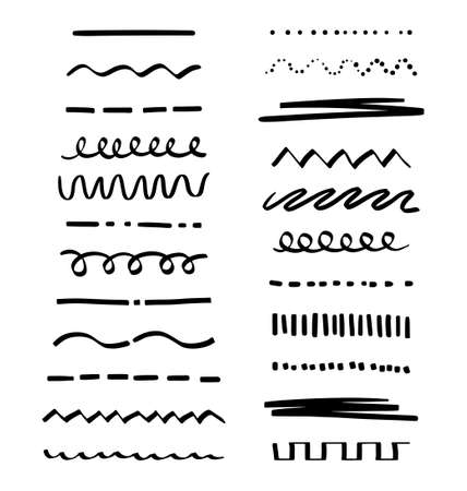 A set of various highlighter and underline lines. A collection of graphic elements drawn by hand with a free brush. Vector stock illustration of doodle strokes and markers isolated on white backgroundのイラスト素材