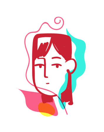 Abstract line woman portrait with different wavy shapes and lines. Modern trendy illustration of a woman's face. The vector illustration isolated on white background.のイラスト素材