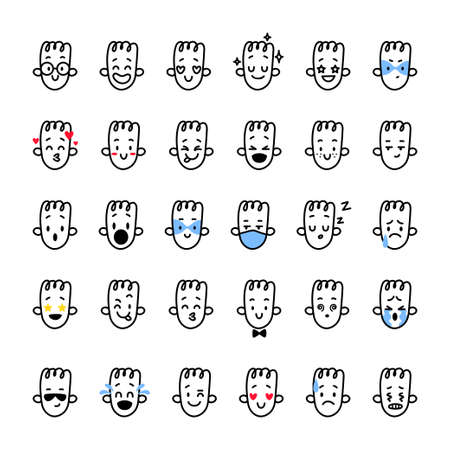 Emoji vector set. Large collection of hand drawn doodle faces of different emotions. Black on white illustration of cute avatars of people isolated on white background.のイラスト素材