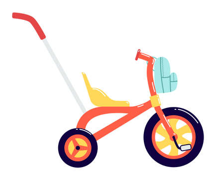 Children's tricycle with a backpack in front. Children's bike with a large front wheel and a handle for control. Colorful vector illustration isolated on white background.のイラスト素材