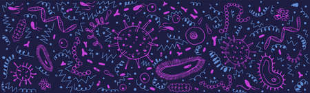 Horizontal banner with pink and blue microorganisms doodle on dark blue background. Vector...