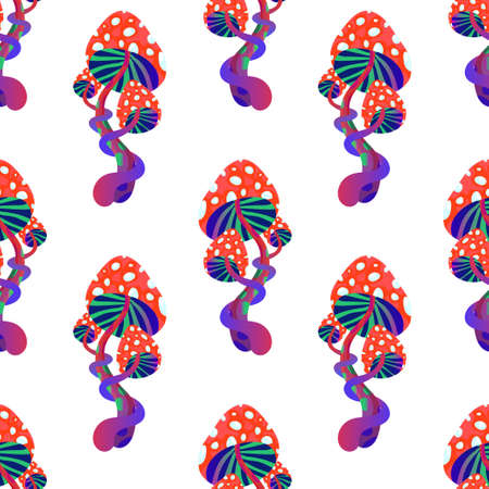 Seamless pattern with magic mushrooms on a white background. Fantastic weaving mushrooms in a checkerboard pattern. Vector illustration of unreal mystical, alien plants.のイラスト素材