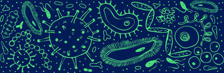 A dark blue banner with a variety of green doodle microorganisms. Horizontal blue background with glowing bacteria, germs, and viruses. Vector stock illustration of various microorganisms.のイラスト素材