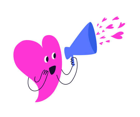 A cheerful pink heart sends many small hearts through the blue horn. A cute heart-shaped character shouts into a loudspeaker. Vector illustration in cartoon style isolated on white background.のイラスト素材