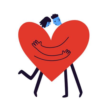 The female and male lovers of the character merged into one big red heart. A couple in love in each other's arms. Vector illustration isolated on white background.のイラスト素材