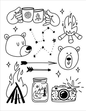 Doodle set of hand-drawn bears, bonfires, mugs, and constellations. Travel camera to capture adventures, stay wild, go camping with friends. Vector illustration isolated on white background.のイラスト素材