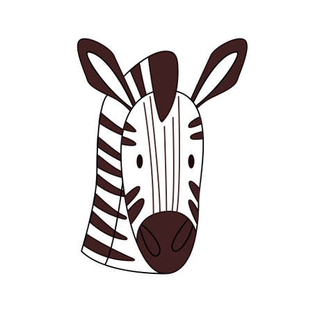 Cartoon zebra head isolated. Colored vector illustration of a zebra head with a stroke on a white. Cute animal illustration.のイラスト素材