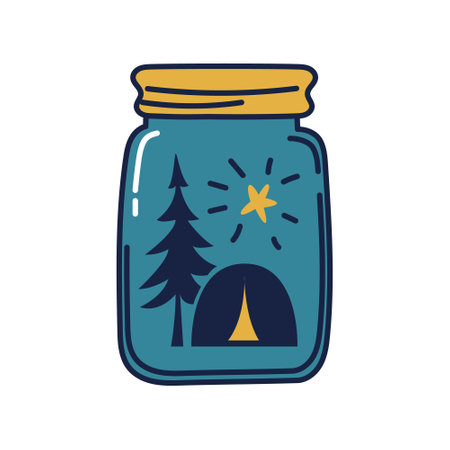 Glass jar with camping tent inside. A tent under a pine tree with a star on a blue background inside a closed jar. Conceptual vector illustration of tourism and outdoor recreation isolated.のイラスト素材