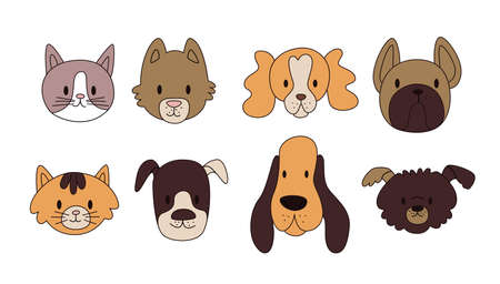 Pets set. Heads of cats and dogs. Pets with a thin outline. Vector stock illustration of isolated...