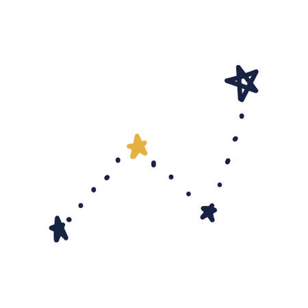 Doodle constellation. Hand-drawn constellation with yellow star. Vector stock illustration of celestial stars isolated on white backgroundのイラスト素材