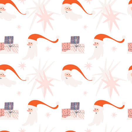 Christmas seamless pattern with funny Santa heads. Festive bright pattern with Santa and stars. Vector illustration on white background.のイラスト素材