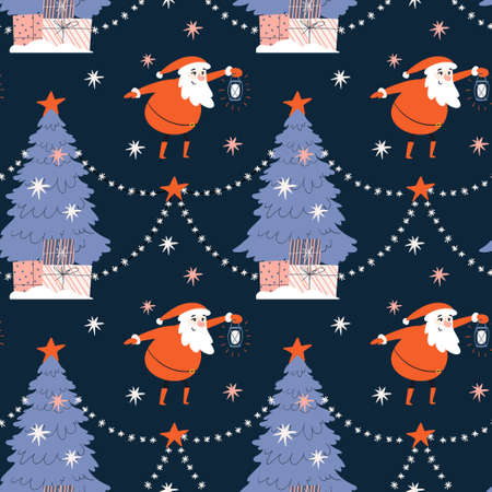 Christmas seamless pattern with Santa Claus. Festive bright pattern with a Christmas tree and gifts....