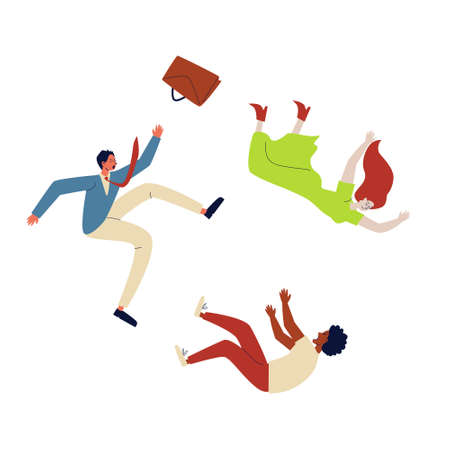 Three people fall isolated. People of different races and cultures fly down, disappointed. Vector stock illustration concept of dismissal of working men and women.のイラスト素材