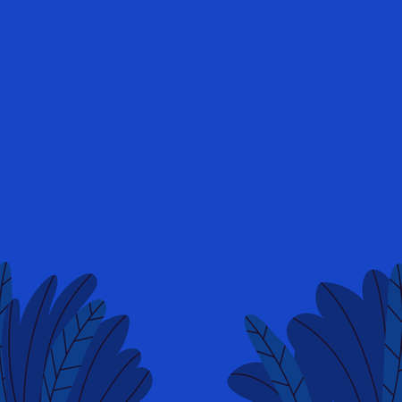 Blue background with leaves and plants at the bottom. Square blue frame with blank space in the...