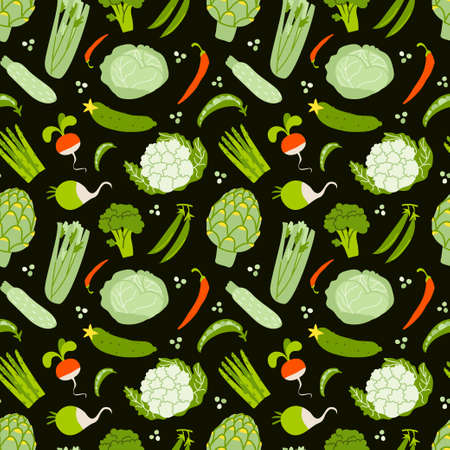 Seamless pattern with vegetables on a dark background. A pattern from fresh organic green vegetables...